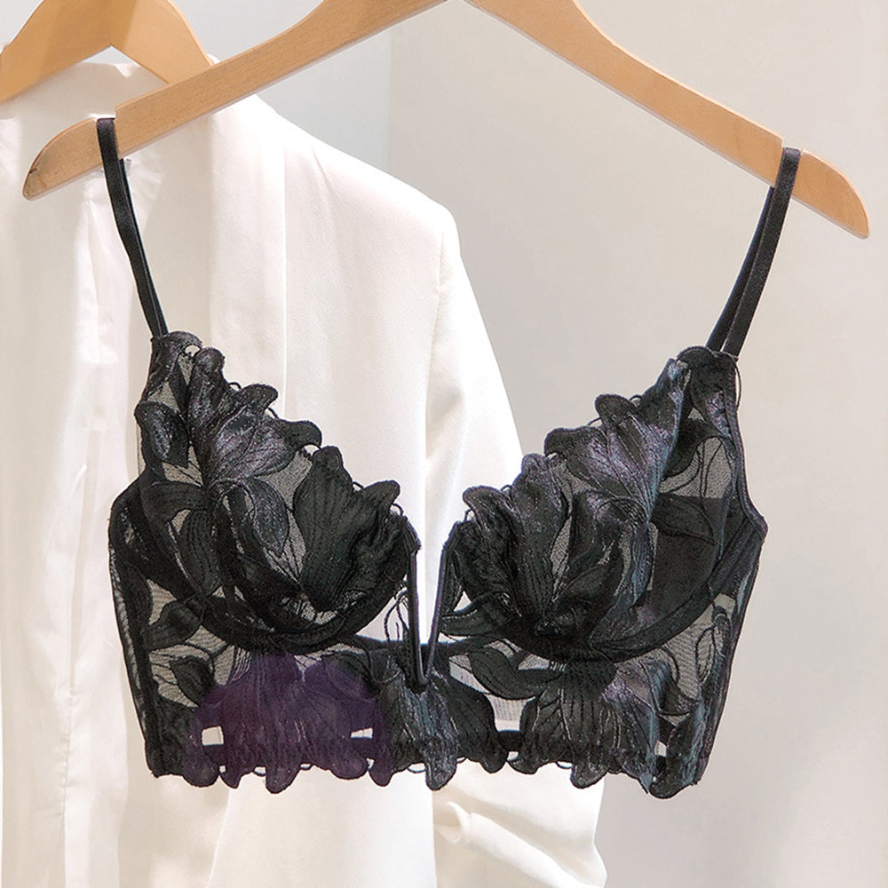 Floral Embroidery Deep-V Underwire Bra For 32A to 38C